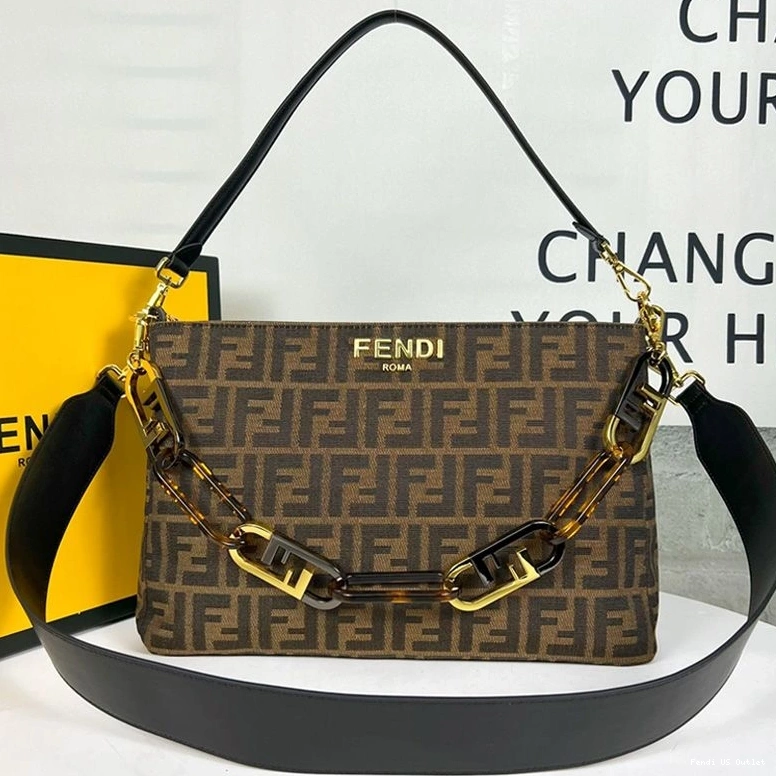 HOT FF In Fendi Fabric Motif Bag Shoulder Zip O'Lock Brown 0823